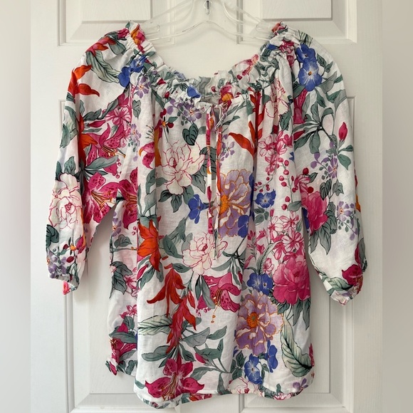 NWT Hester & Orchard Ivory Multi Floral Linen Blend Top M - Picture 3 of 11